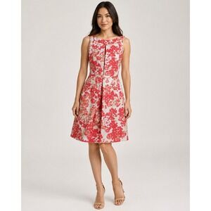 Tahari Arthur S Levine Dress Size 6 Coral Gold Floral Jacquard Pleated